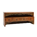Chinese carved deity or prayer table fitted an open shelf with a carved frieze above, four fielded