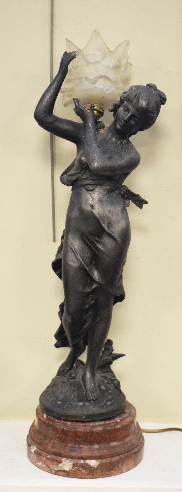 Late 19th/early 20th Century spelter figural lamp depicting a classical maiden Condition: