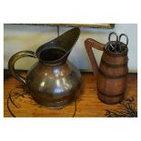 Early 20th Century hammered brass and copper jug and a copper bound oak ewer Condition: