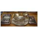 Various silver plated items including: pair of entrée dishes, set of three graduated oval dishes,