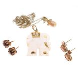 Two pairs of gem set earrings, a pendant and chain and a yellow metal mounted hardstone 'elephant'