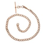 9ct rose gold curb link watch albert chain with T bar, approx length 40cm, 35.4g approx Condition: