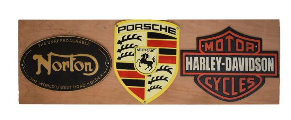 Three cast metal signs relating to Sports Cars and Motor Cycles Condition: