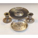 Small group of silver and white metal items comprising: 830 standard dish decorated with a goat, a