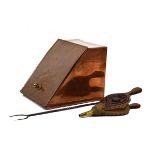Copper coal box, pair of carved oak framed bellows and a wrought iron toasting fork Condition: