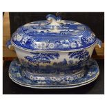 19th Century blue and white transfer printed tureen decorated with the Wild Rose pattern, together