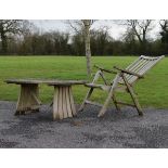 Slatted teak garden chair, together with a similar rectangular top table Condition: