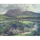 Vernon Ward - Oil on canvas - A Highland landscape with cottages, unsigned, 40cm x 50cm, framed