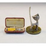 Silver mounted cigarette holder and a novelty cat design ring stand Condition: