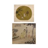 Chinese watercolour on silk - Figures in a garden, 26cm x 30.5cm, together with a Japanese