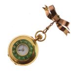 Early 20th Century lady's 18ct gold and green enamel cased top wind half hunter fob watch, 19g