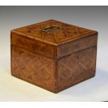 19th Century parquetry inlaid stationary box, the hinged cover opening to reveal a partitioned