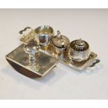 Small selection of silver comprising: a miniature two handled tray, pair of pots on three feet, a