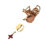 Selection of yellow metal jewellery comprising: a heart shaped rose gold locket on curb link