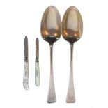 Small group of silver comprising: pair of early Victorian silver tablespoons, London 1841 plus two