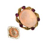 Two shell cameo brooches, the larger with ribbon and pink paste set surround, the smaller with