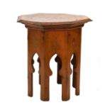 Moorish style inlaid burrwood and yew octagonal topped occasional table standing on a typical