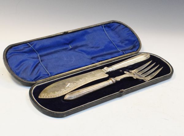 Pair of late 19th/early 20th Century engraved silver plated fish servers, cased Condition: