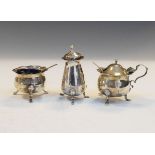 George V silver three piece cruet set comprising: salt, pepperette and mustard pot, Sheffield 1918