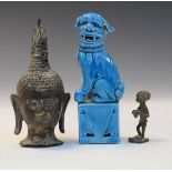 Asian bronze head, small bronze figure and a blue glazed figure of a Fo Dog Condition: