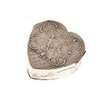 Late 19th Century silver heart shaped snuff box, with relief decorated cover, import marks 1896, 0.