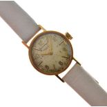 Longines lady's 9ct gold wristwatch, 11g approx gross including leather strap Condition: