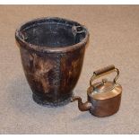 Vintage leather fire bucket and a small copper kettle Condition:
