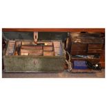 World War II ammunition box, oak tool chest fitted drawers and a quantity of various tools
