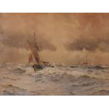 William Henry Pearson - Watercolour - Stormy seascape with fishing vessel, signed, 37cm x 52cm,