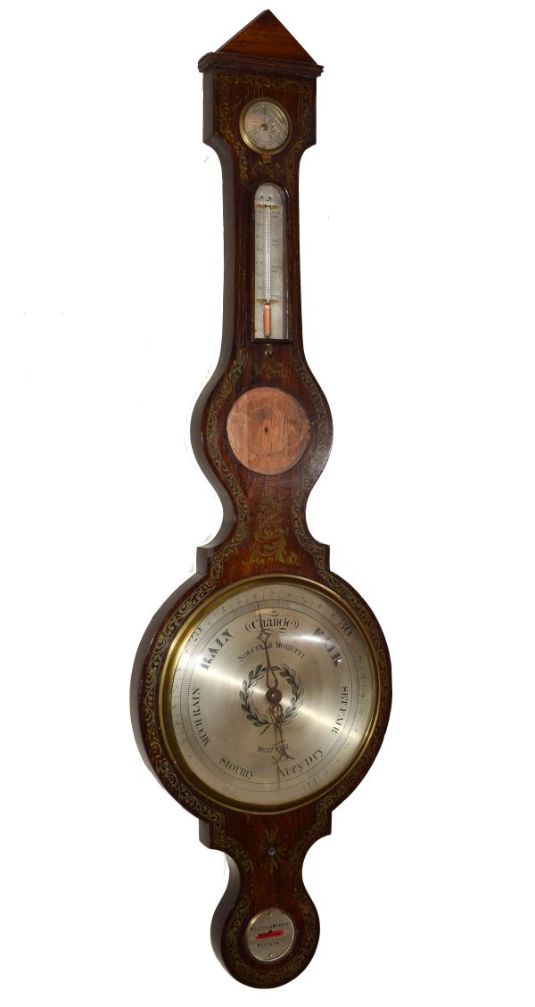 19th Century rosewood cased wheel barometer by Nolcini & Moretti of Merthyr, having painted gilt