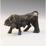 Small bronze figure of a bull tethered to a post Condition: