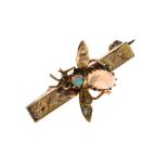 Late Victorian yellow metal and opal set insect brooch having opal abdomen and seed pearl wings, 2.