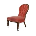 Victorian lady's mahogany framed balloon back drawing room chair, upholstered in pink dralon and