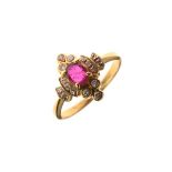 18ct yellow metal diamond and red stone dress ring, size J, 2.8g approx Condition: