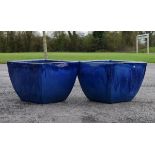 Pair of modern blue glazed garden planters Condition: