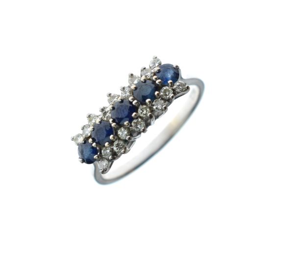 Diamond and sapphire coloured stone dress ring, the shank stamped 18ct, size S, 4.2g approx
