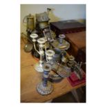 Large collection of metal work to include; alloy mortar and pestle, brass protector lamp, pewter