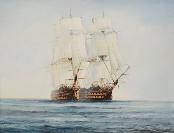 Paul Richardson - Oil on canvas - Seascape with two galleons, signed, 69.5cm x 90cm, framed