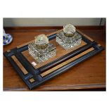 Late Victorian ebonised inkstand with two glass inkwells and a cylindrical ruler Condition: