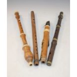 19th Century boxwood and ivory flageolet by G. French of London, together with three part woodwind