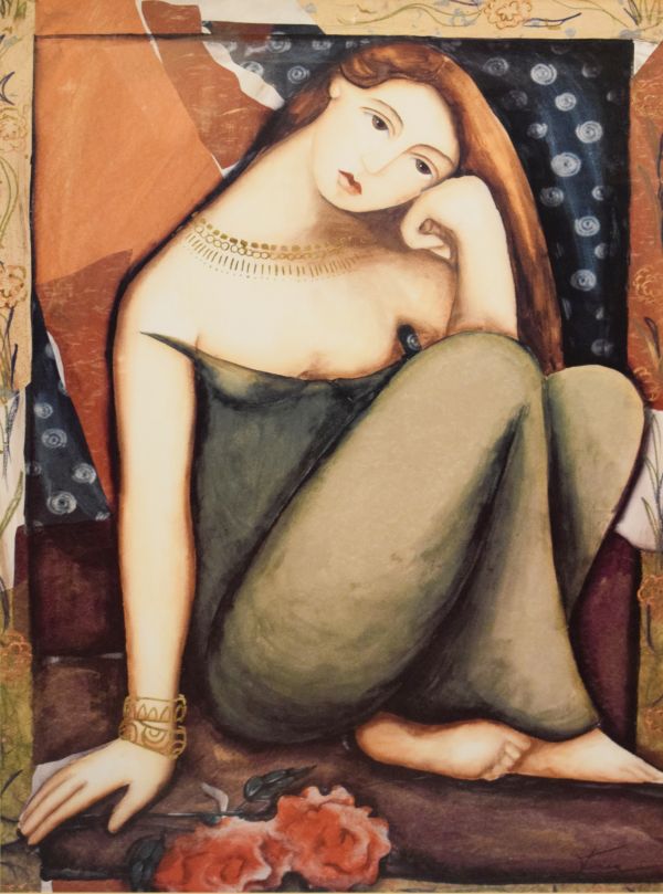 Large art print of a seated female figure, indistinctly signed lower right, 86cm x 60cm, in good