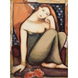 Large art print of a seated female figure, indistinctly signed lower right, 86cm x 60cm, in good