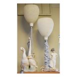 Two large Nao figural table lamps, the first decorated with two swans, 71cm high inclusive of shade,