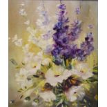 Linda Blackie - Group of eight oil paintings on board, still lives of flowers, largest 52cm x 39.5cm