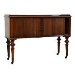 19th Century mahogany washstand with low gallery back over tambour front, on turned supports