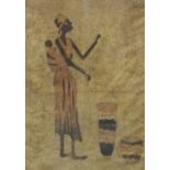 African picture on canvas depicting a mother and child beside drums, 63cm x 43cm Condition: