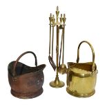 Small group of metal ware comprising: brass companion set of shovel, poker, tongs and brush, a brass