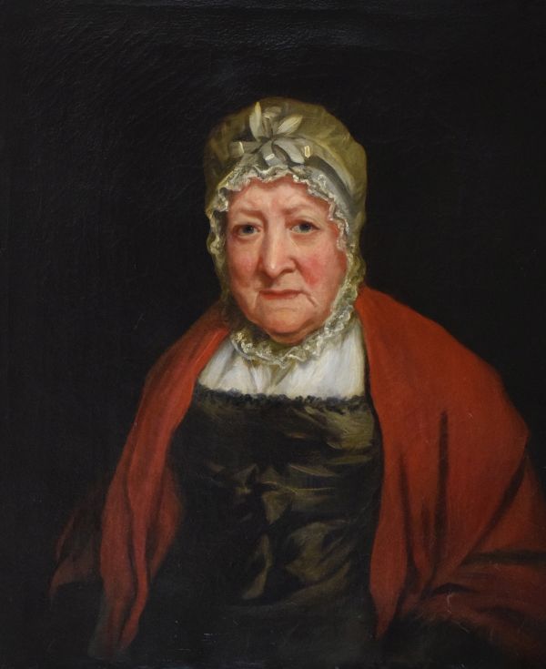 19th Century English School - Oil on canvas - Portrait of an elderly lady wearing a lace trimmed