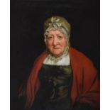 19th Century English School - Oil on canvas - Portrait of an elderly lady wearing a lace trimmed