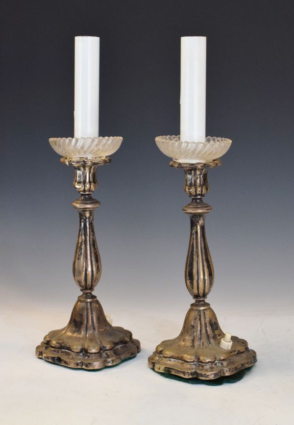 Pair of 19th Century Continental white metal candlesticks now converted to electric table lamps,